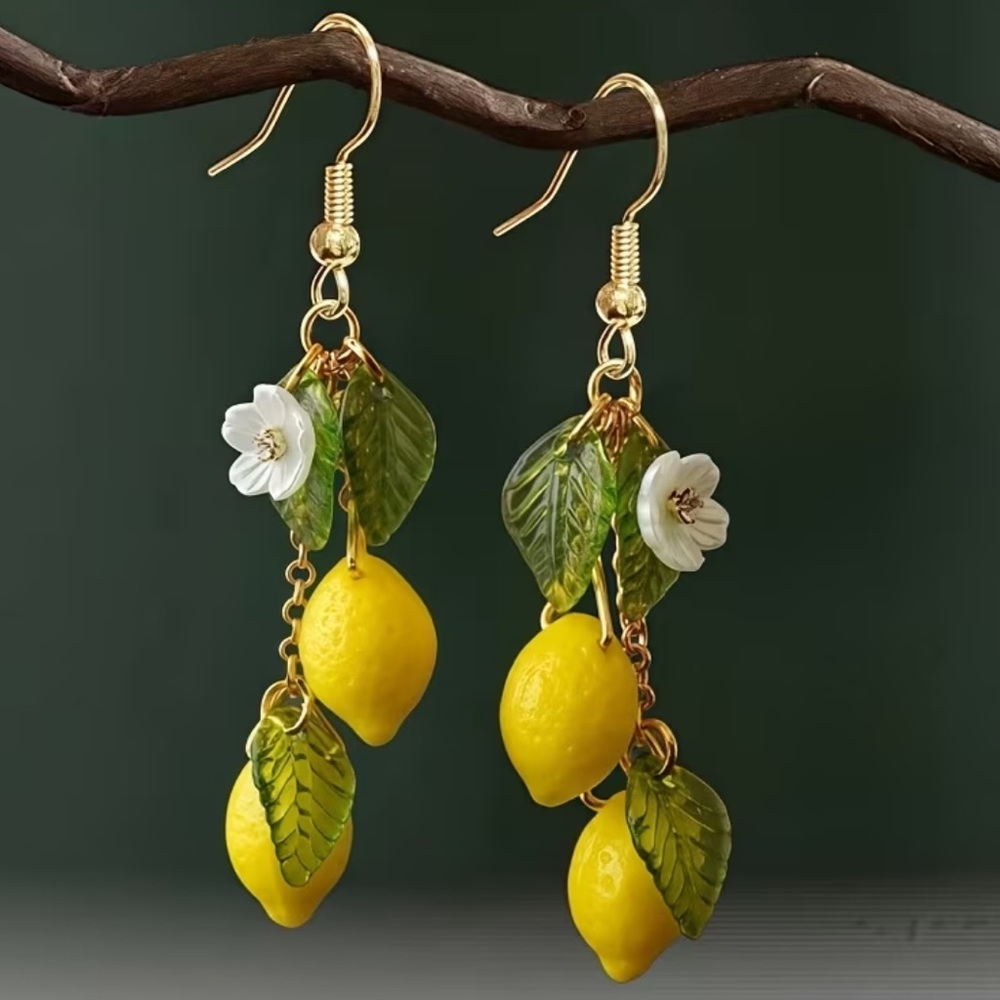 Gold-Tone Yellow Lemon Drop Earrings with Green Leaf Charms